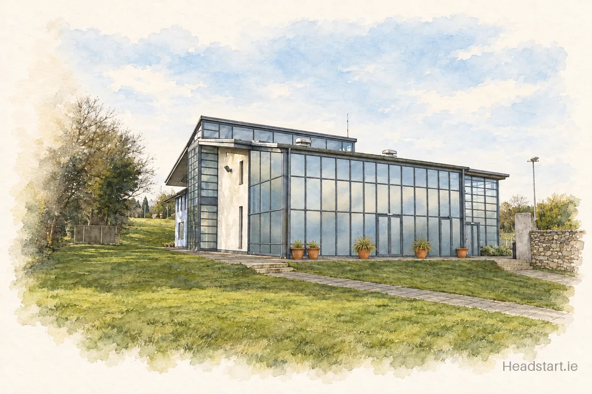 Watercolour illustration of the Rockbrook Park School building, Rathfarnham