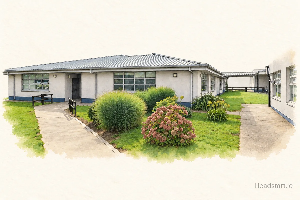 Watercolour illustration of the Colaiste Eanna Cbs building, Ballyroan Road
