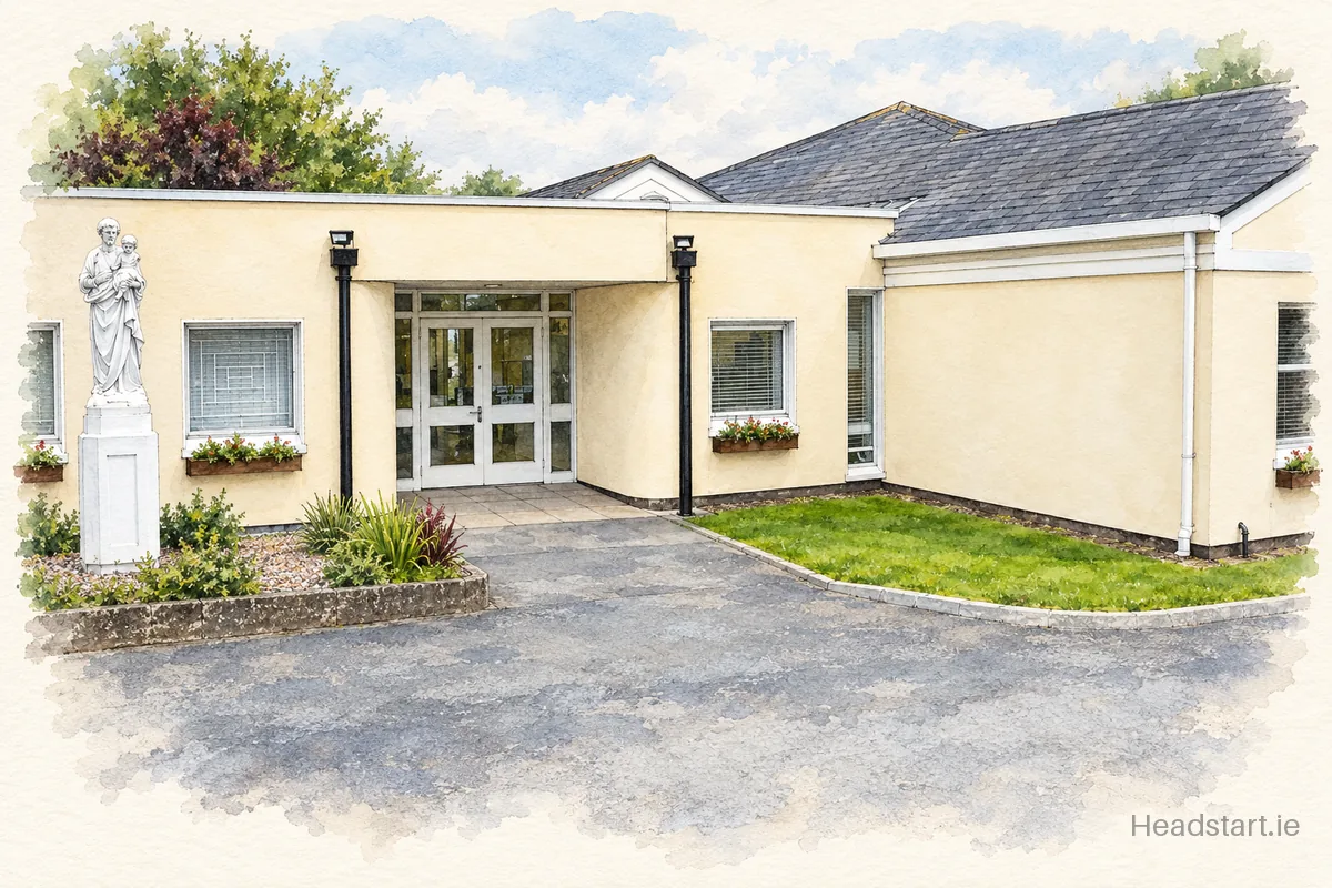Watercolour illustration of the St Joseph's Secondary School building, Rush