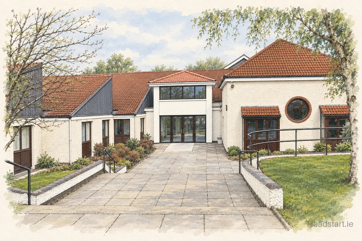 Watercolour illustration of the St Raphaela's Secondary School building, Stillorgan