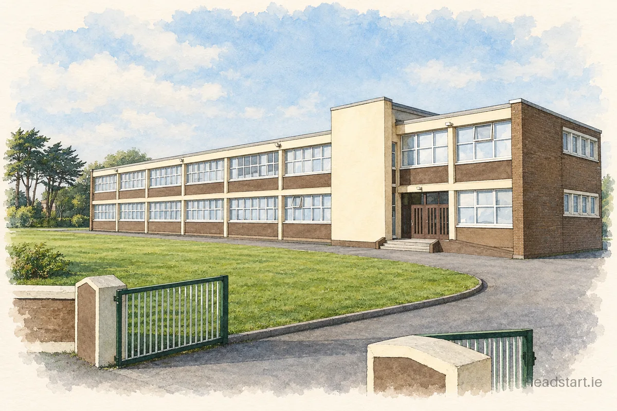 Watercolour illustration of the St. Fintan's High School building, Sutton
