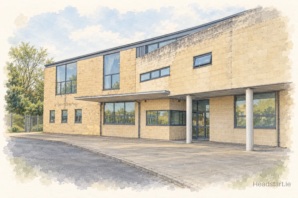 Watercolour illustration of the Coláiste Choilm Swords building, Swords