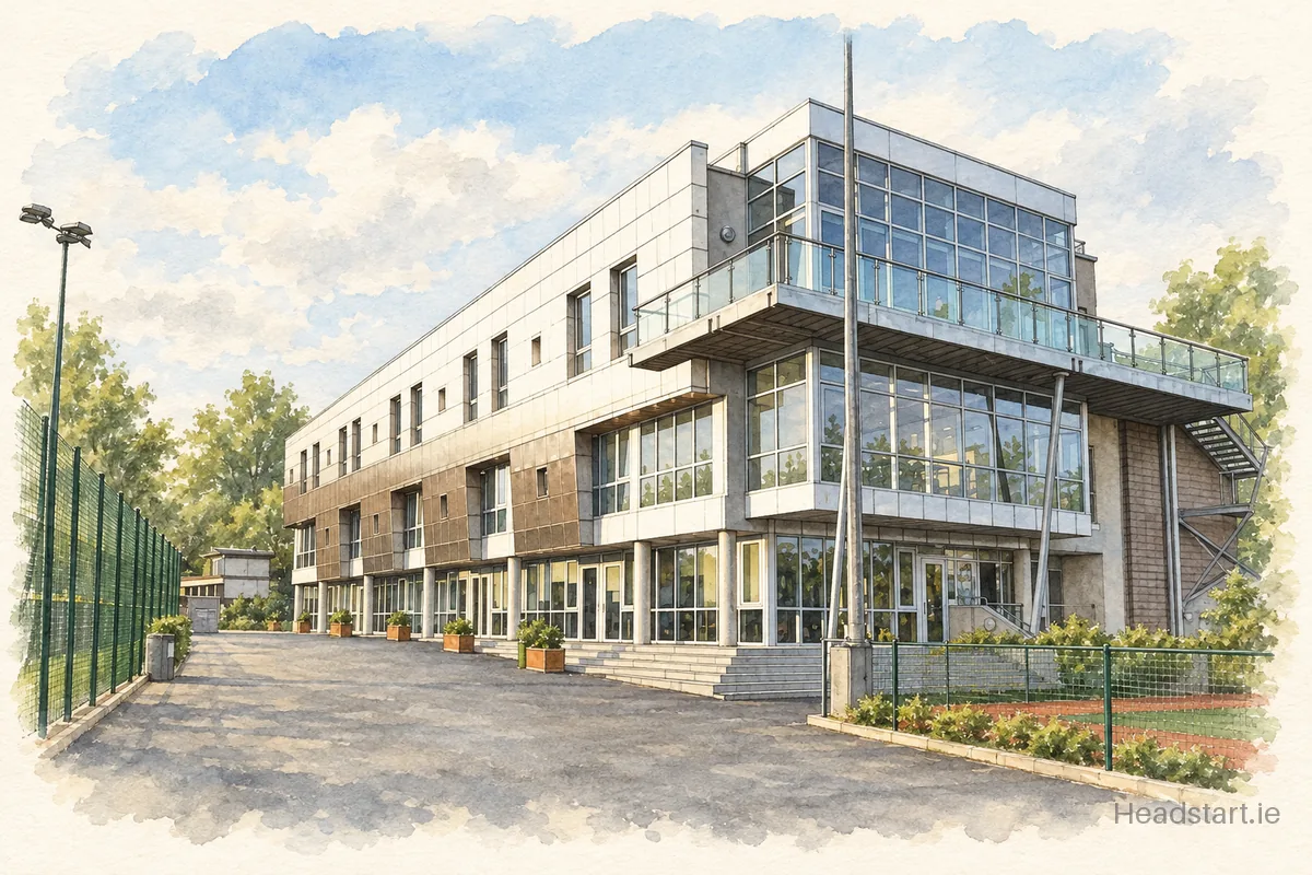 Watercolour illustration of the St Andrews College building, Blackrock