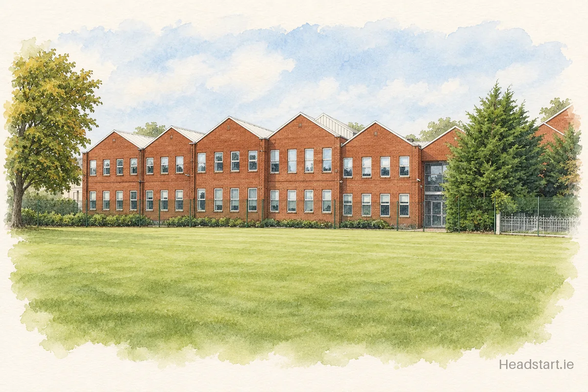 Watercolour illustration of the Presentation College Warrenmount building, Clarence Mangan Road