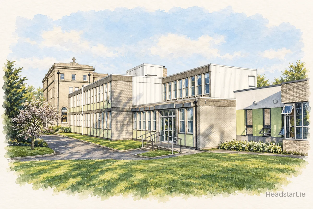 Watercolour illustration of the Loreto College Crumlin building, Dublin 12