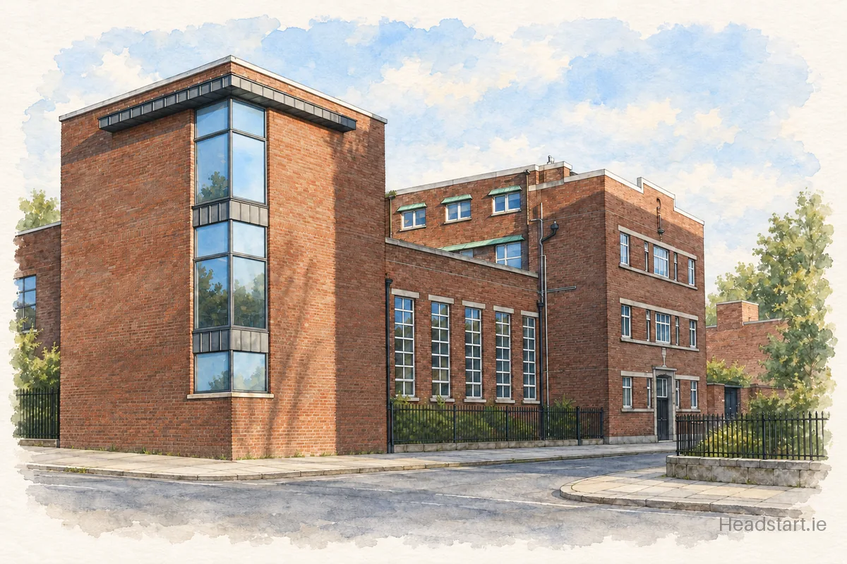 Watercolour illustration of the Mount Carmel Secondary School building, Dublin 1