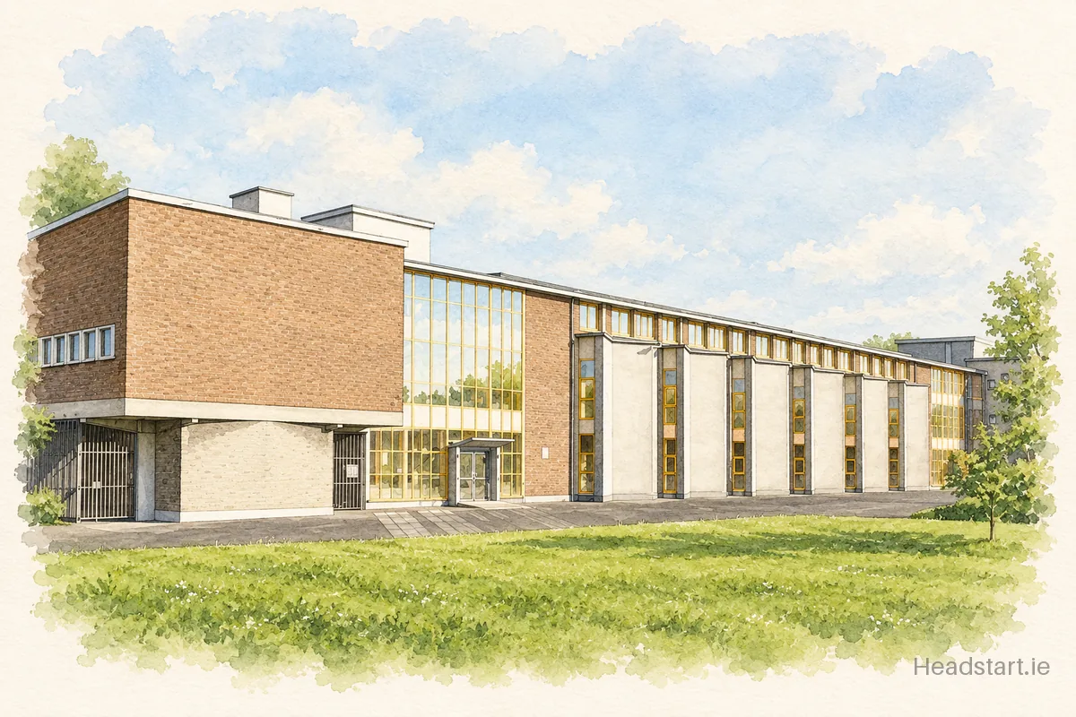 Watercolour illustration of the St Pauls Secondary School building, Greenhills