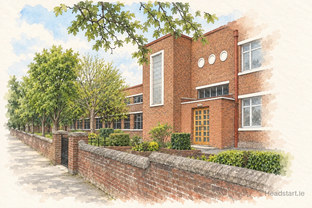 Watercolour illustration of the Our Lady Of Mercy Secondary School Mourne building, Drimnagh