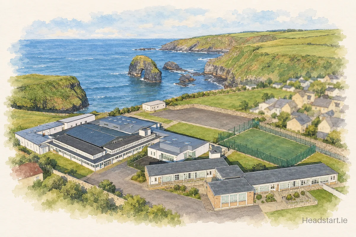 Watercolour illustration of the St. Joseph's Secondary School building, Ballybunion