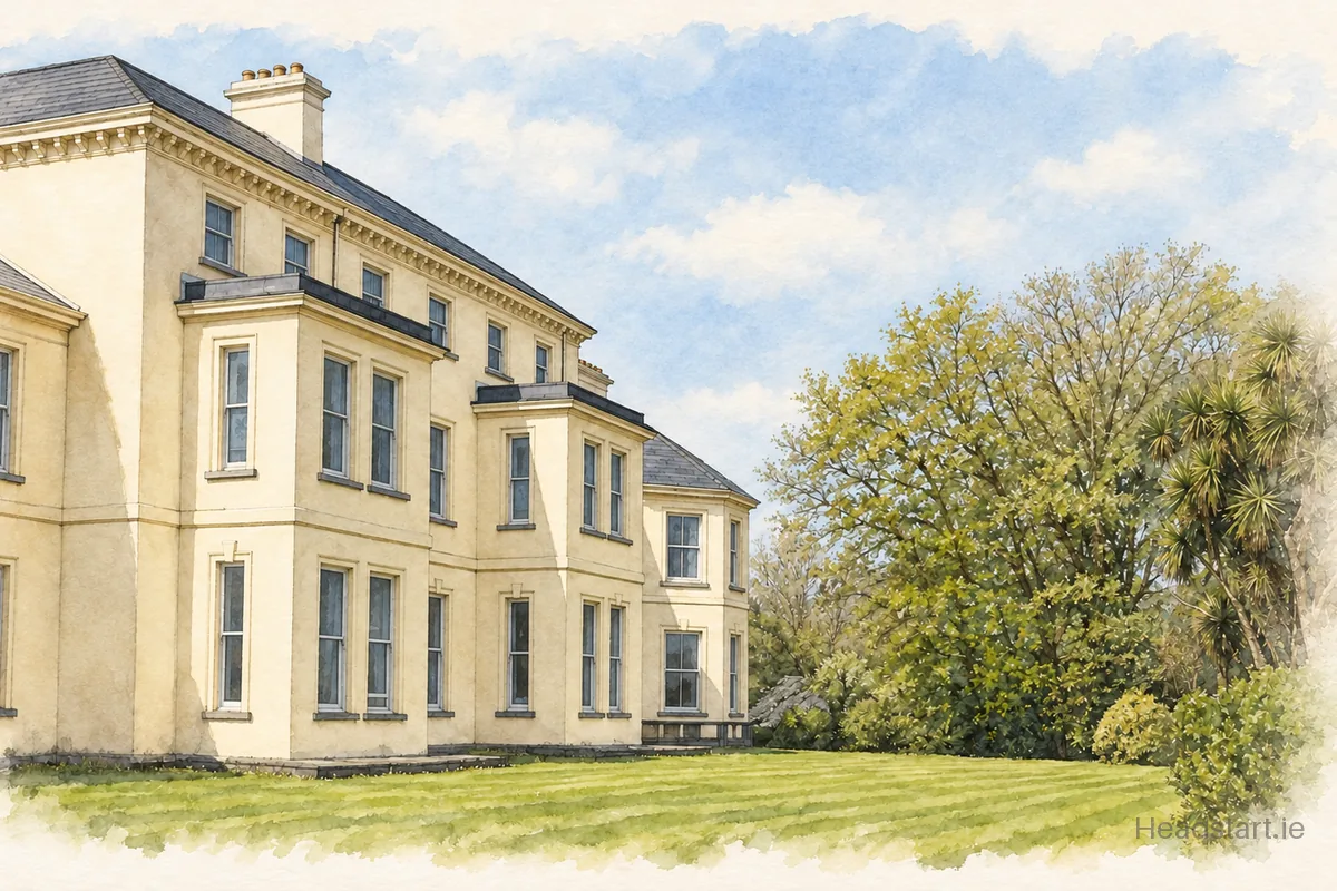 Watercolour illustration of the Coláiste Ide building, Tralee