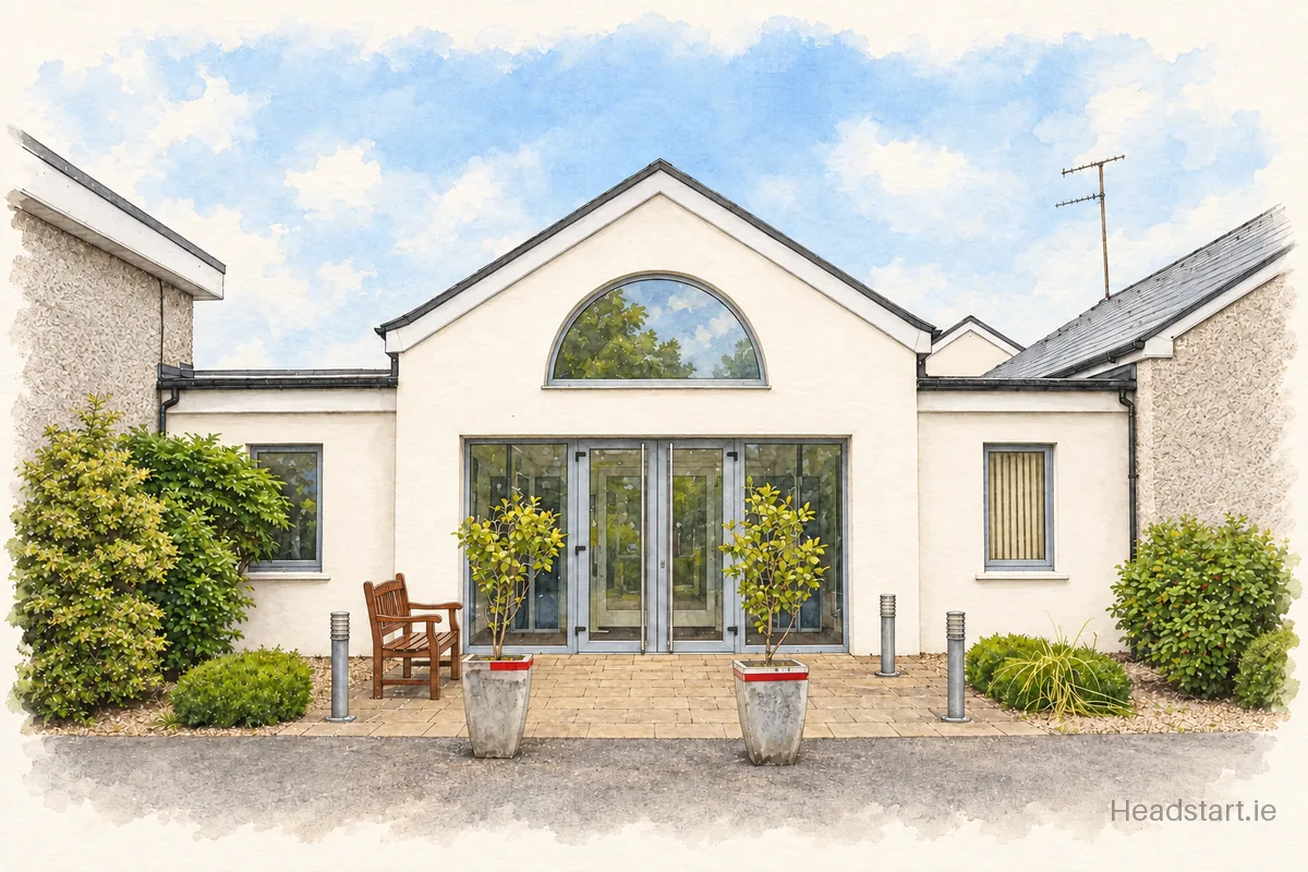 Watercolour illustration of the St. Brigid's Secondary School building, Killarney