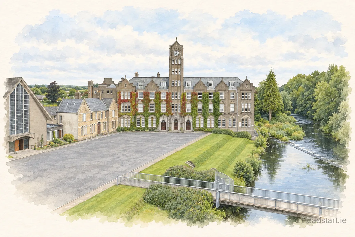 Watercolour illustration of the Newbridge College building, Newbridge