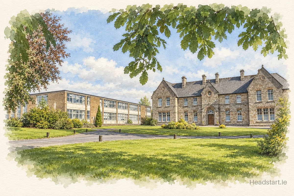 Watercolour illustration of the Holy Family Secondary School building, Newbridge