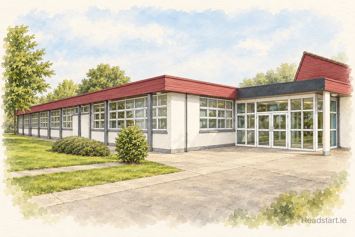 Watercolour illustration of the Scoil Dara building, Kilcock