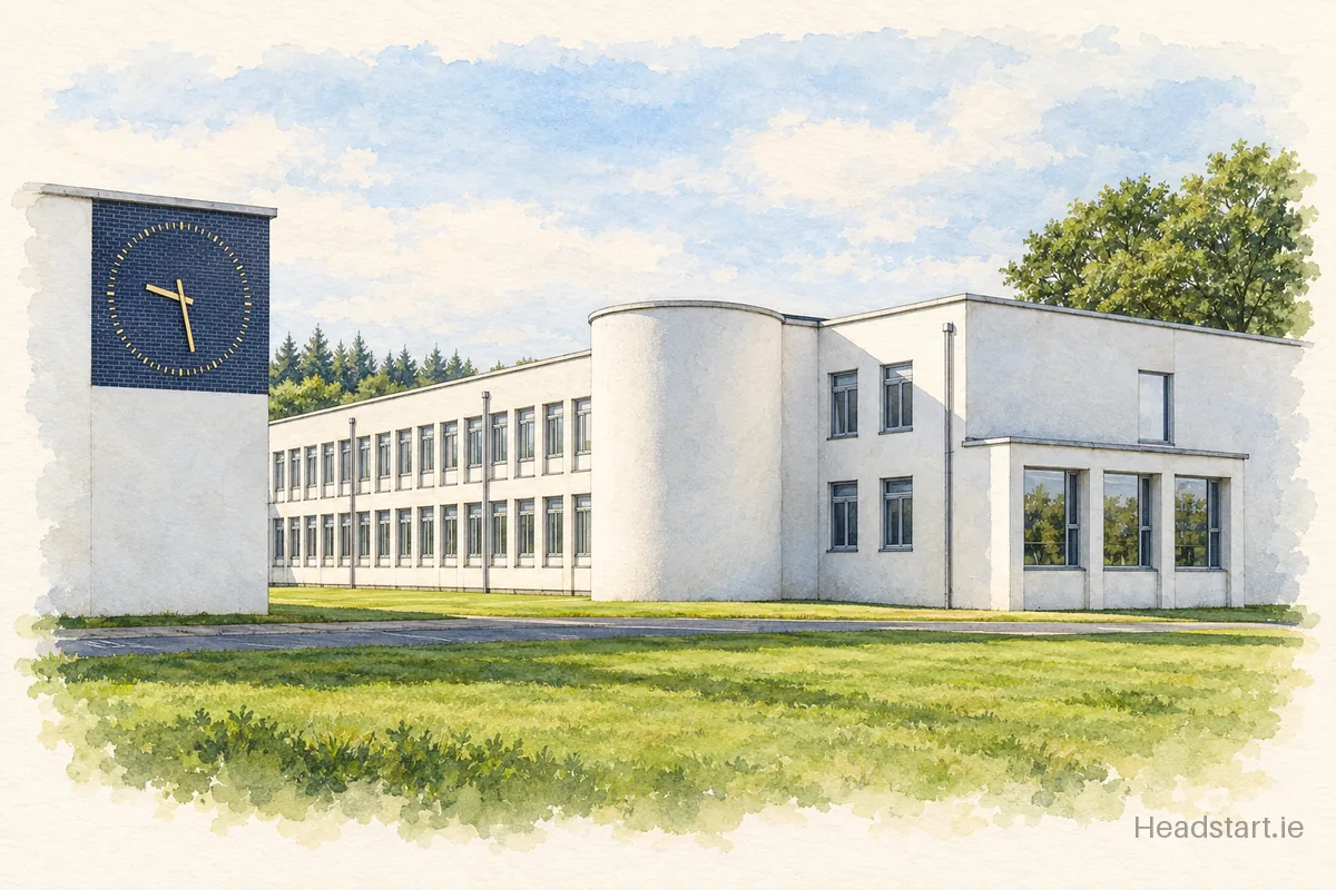 Watercolour illustration of the St Pauls Secondary School building, Monasterevin