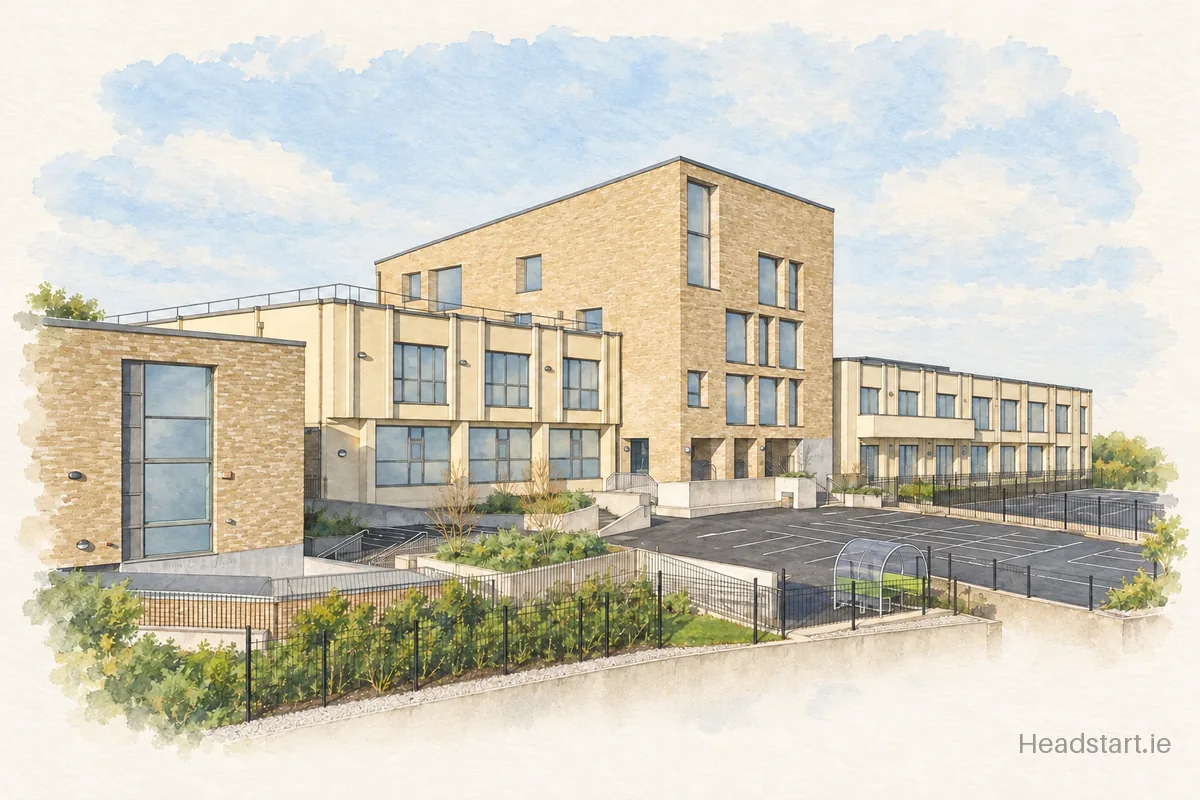 Watercolour illustration of the St. David's Holy Faith Secondary School building, Greystones