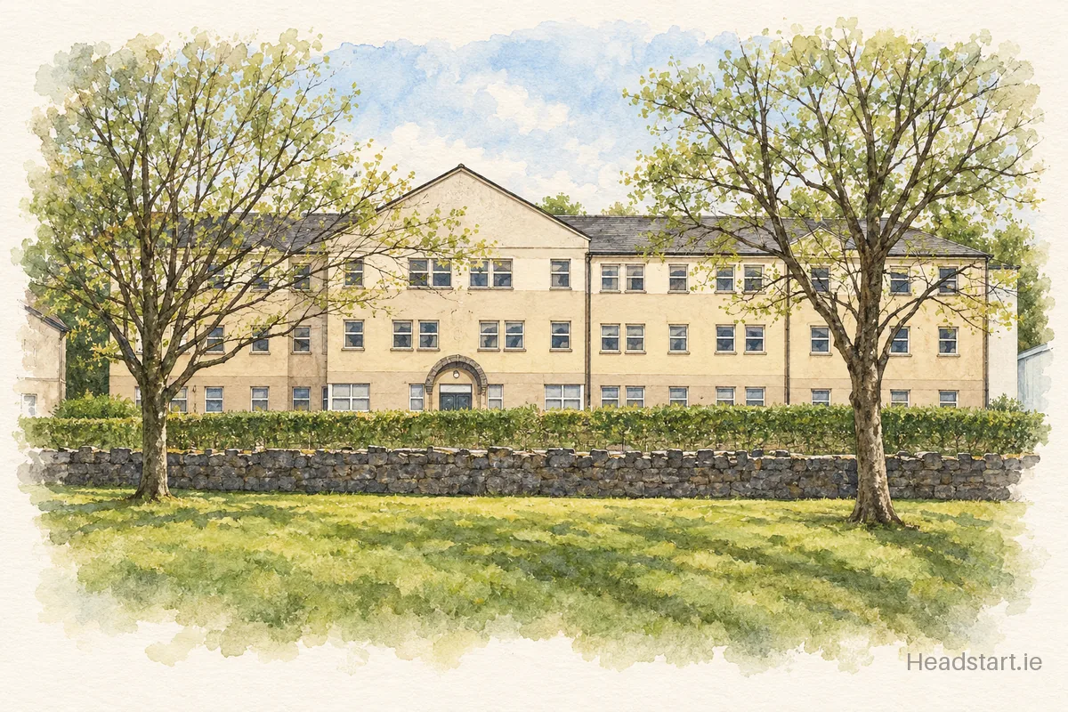 Watercolour illustration of the Rice College building, Ennis