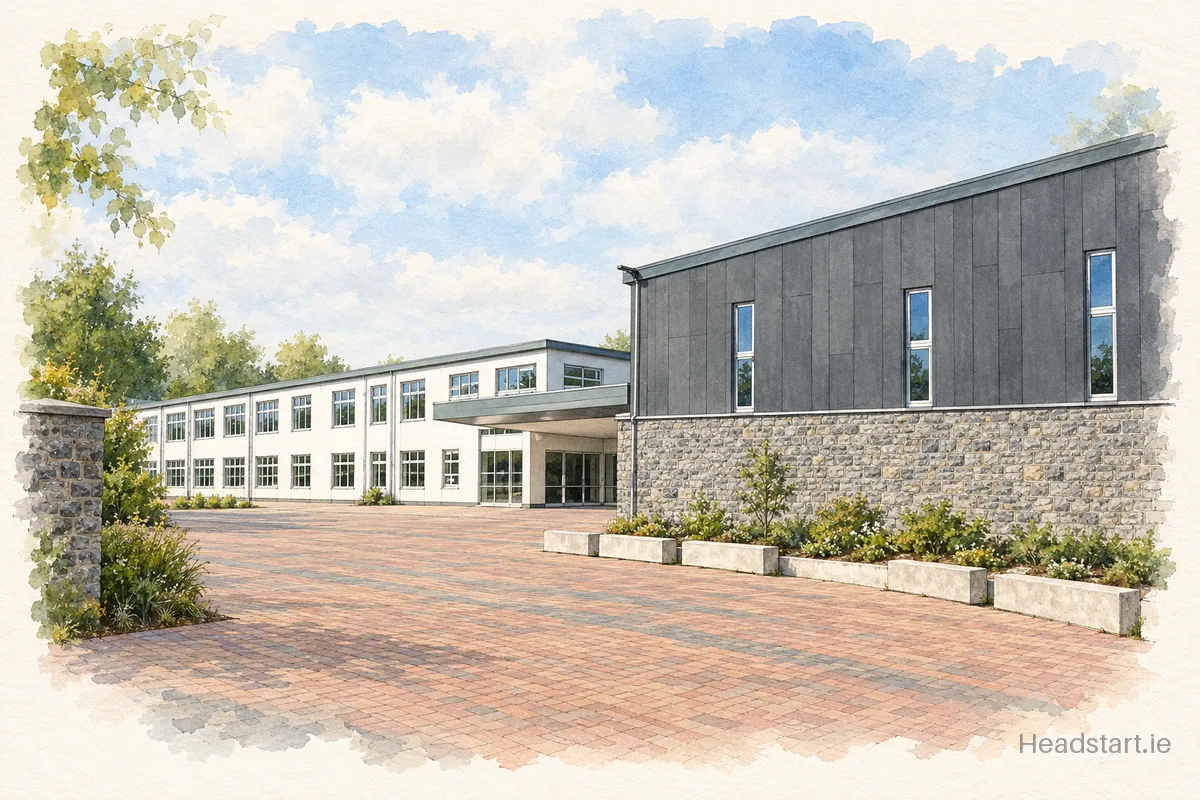 Watercolour illustration of the St. Joseph's Secondary School Tulla building, Ennis