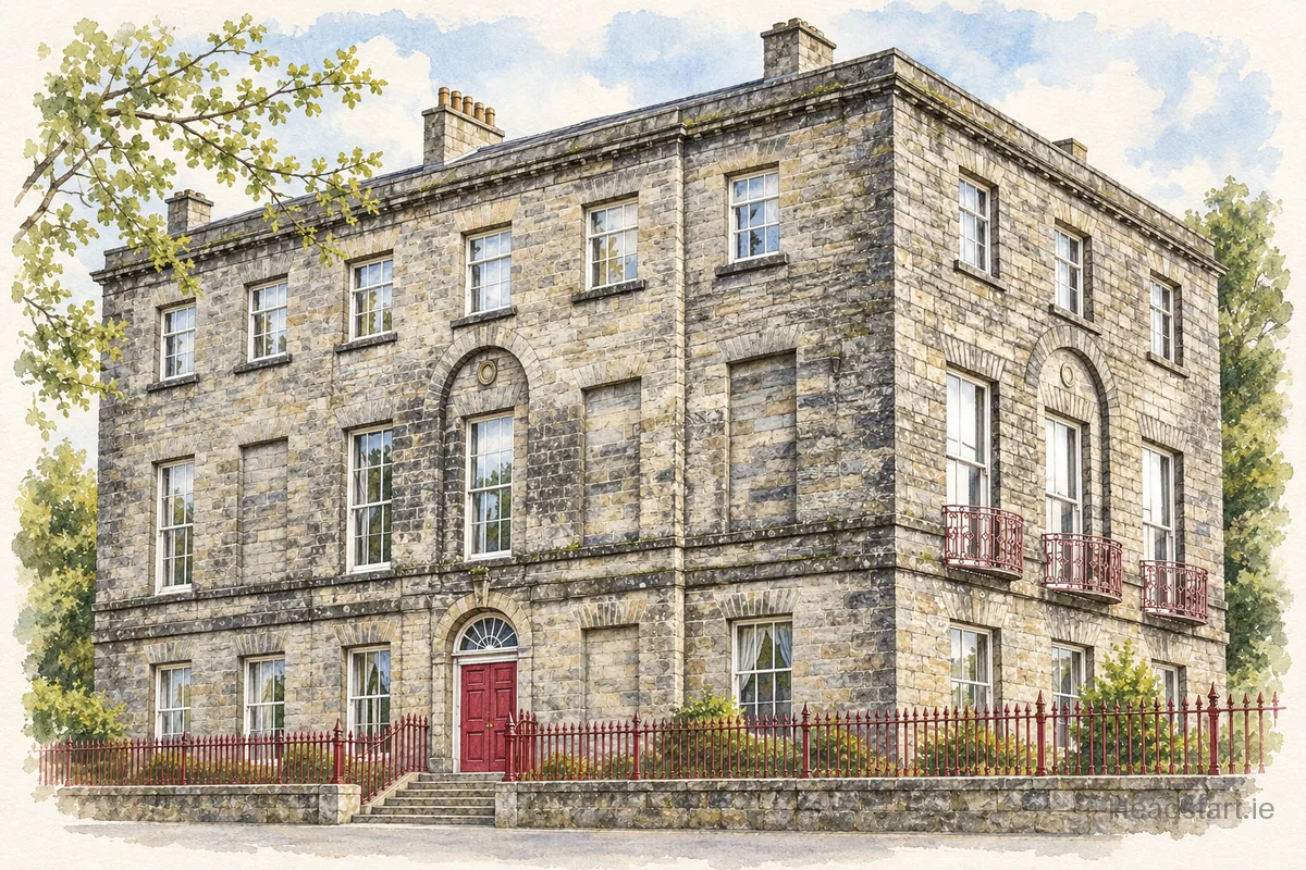 Watercolour illustration of the Hamilton High School building, Bandon