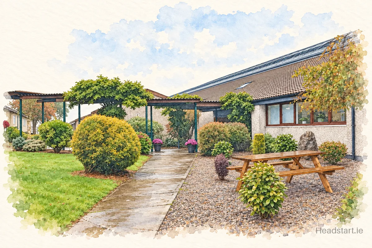 Watercolour illustration of the Coláiste Na Toirbhirte building, Bandon