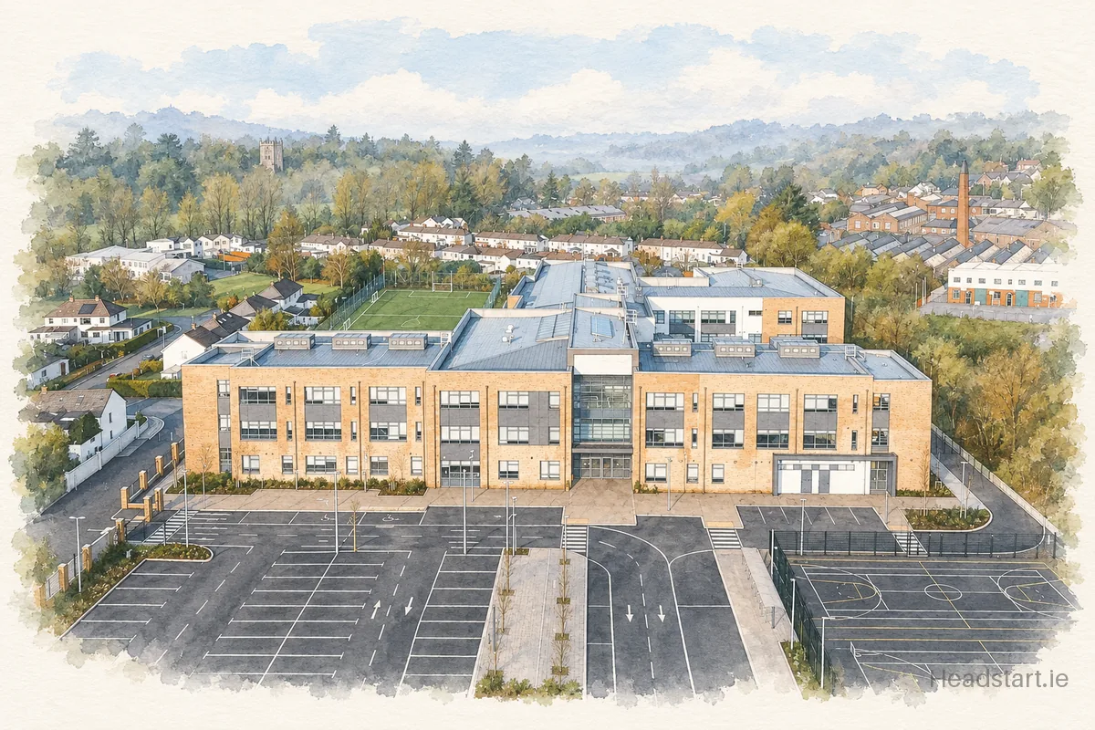 Watercolour illustration of the Scoil Mhuire gan Smal building, Blarney