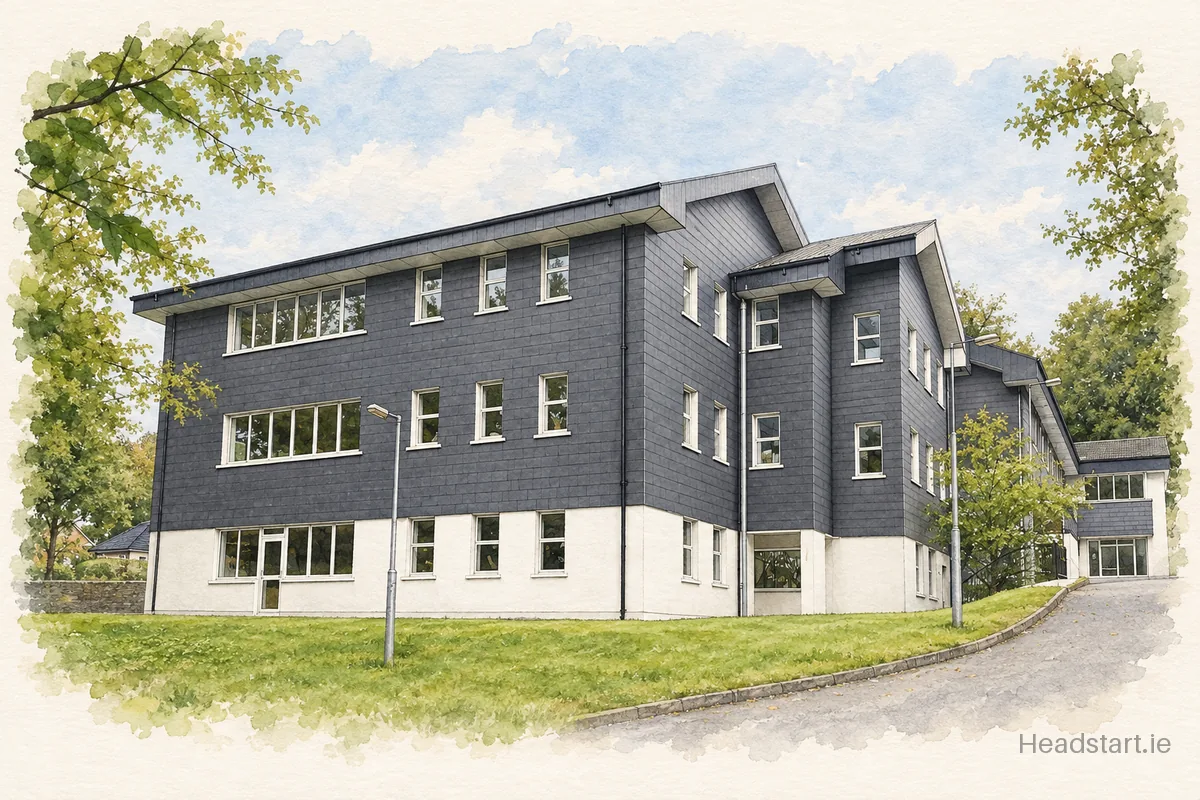 Watercolour illustration of the Colaiste An Phiarsaigh building, Little Island