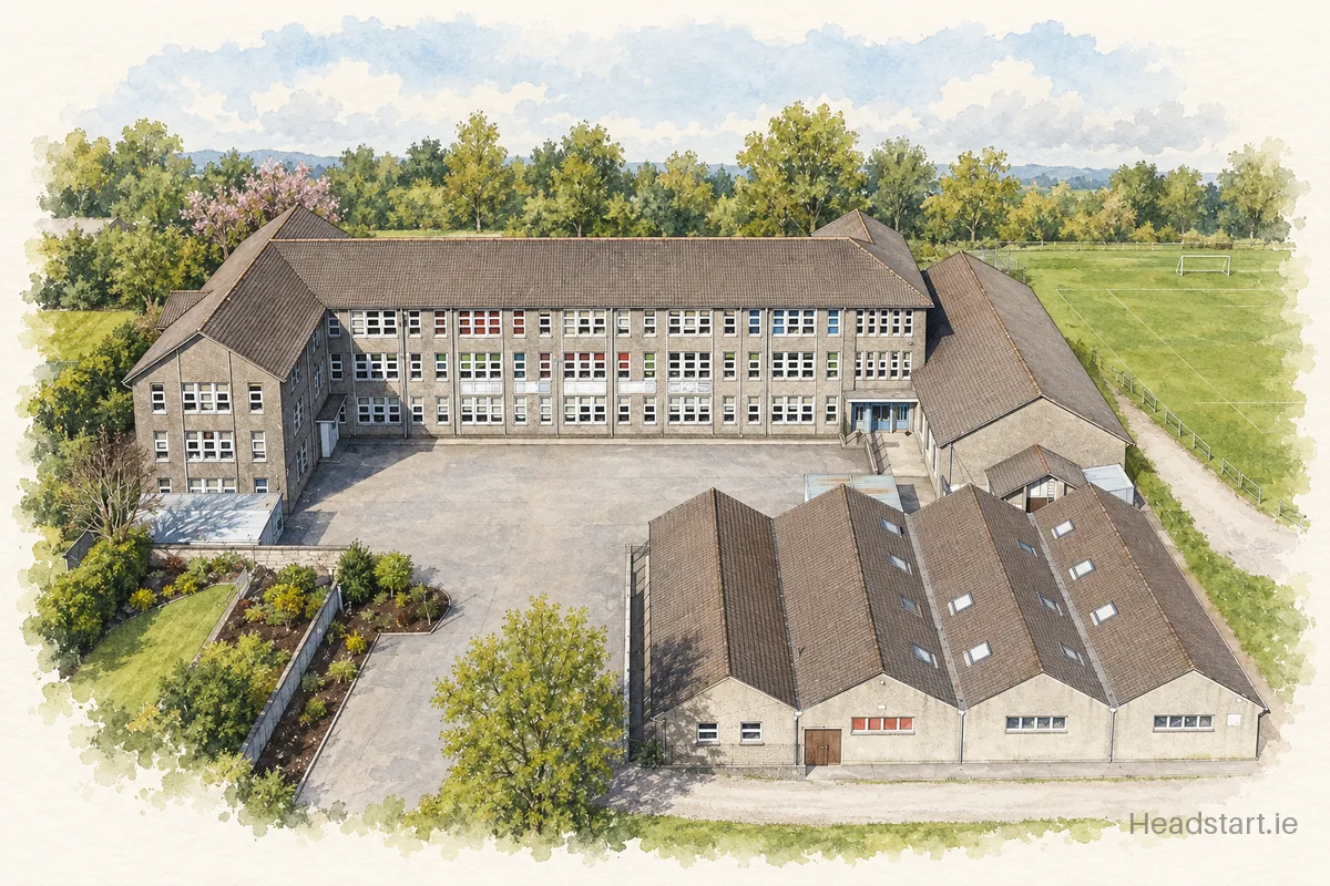 Watercolour illustration of the Coláiste Éamann Rís building, Turners Cross