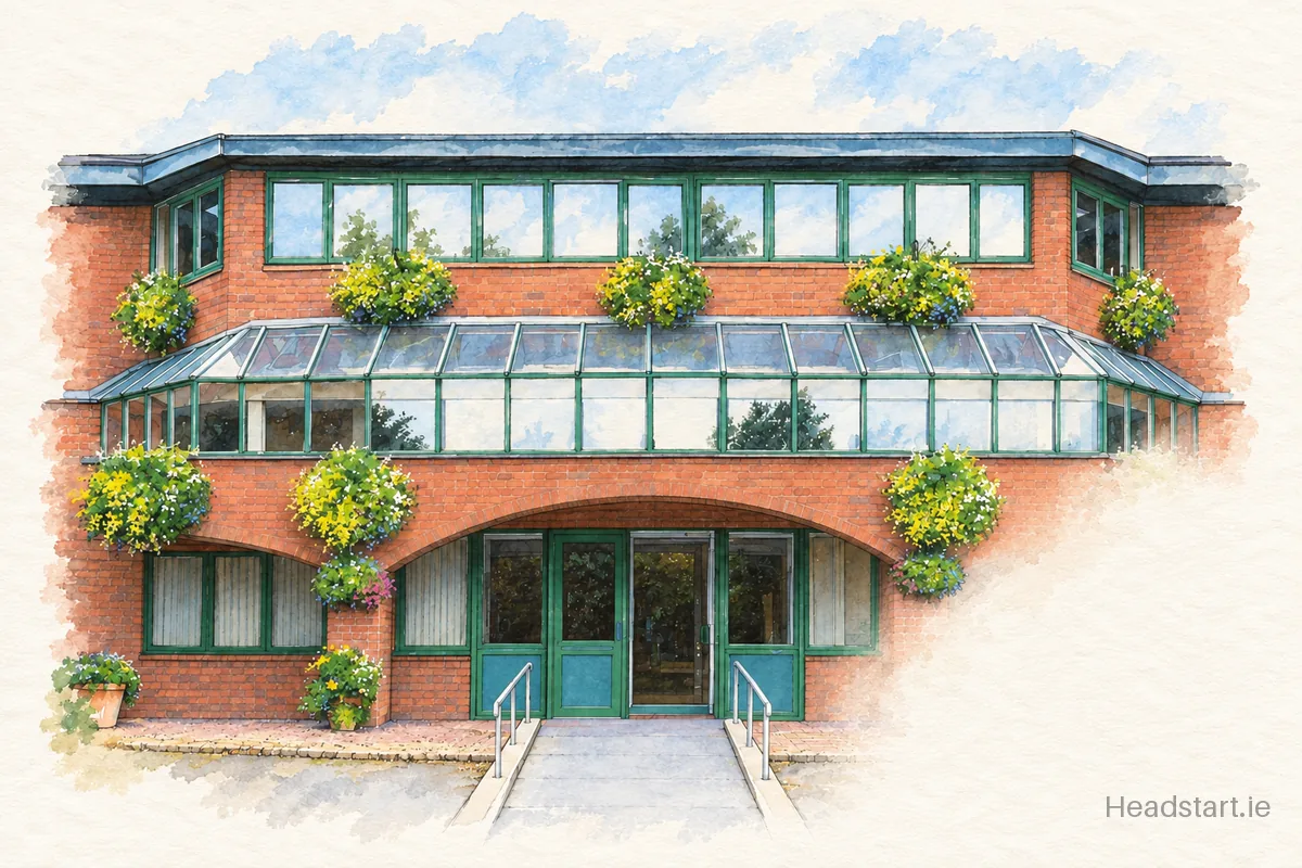 Watercolour illustration of the Presentation College Mardyke building, Cork (centre and southside)