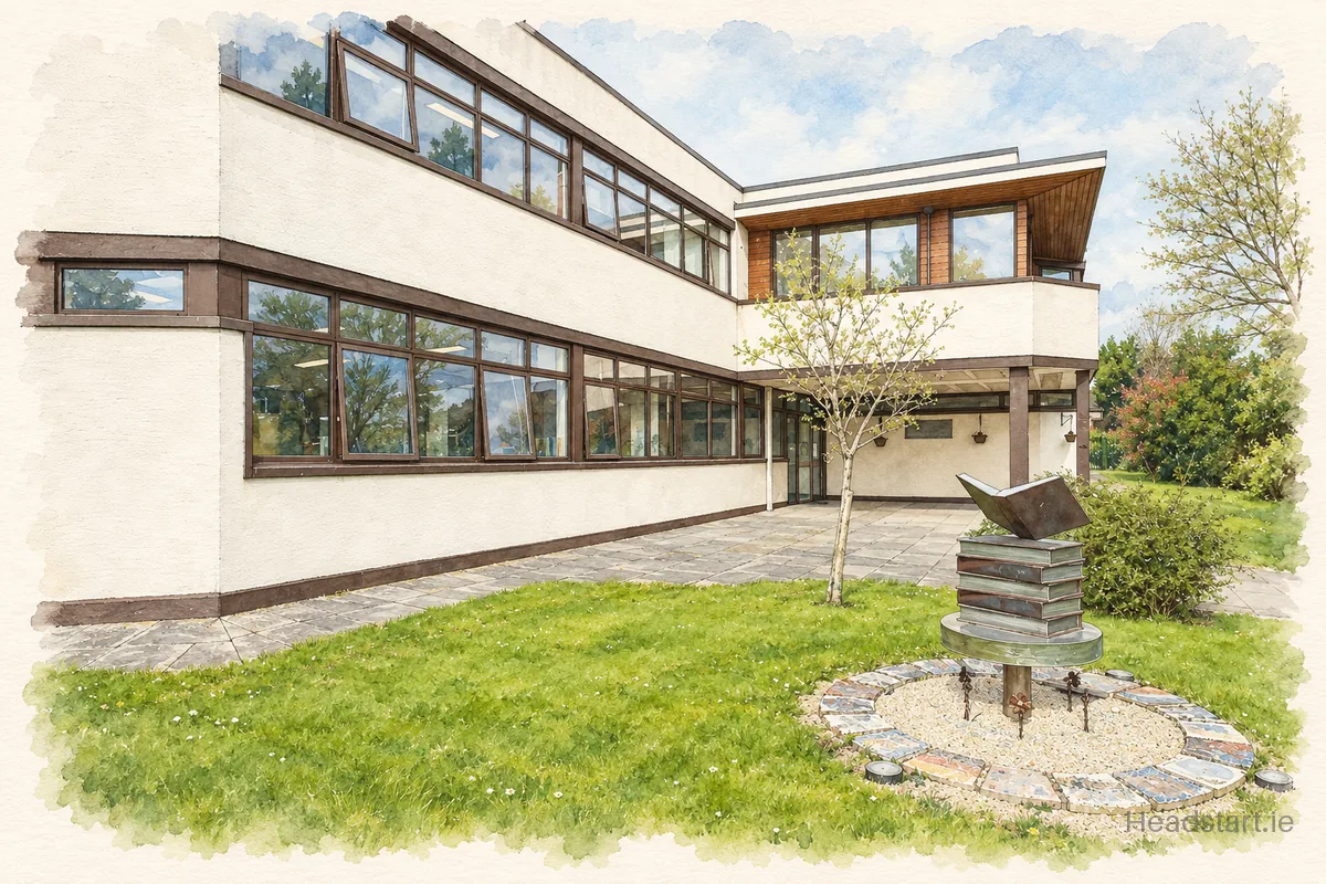 Watercolour illustration of the Regina Mundi College building, Cork (centre and southside)