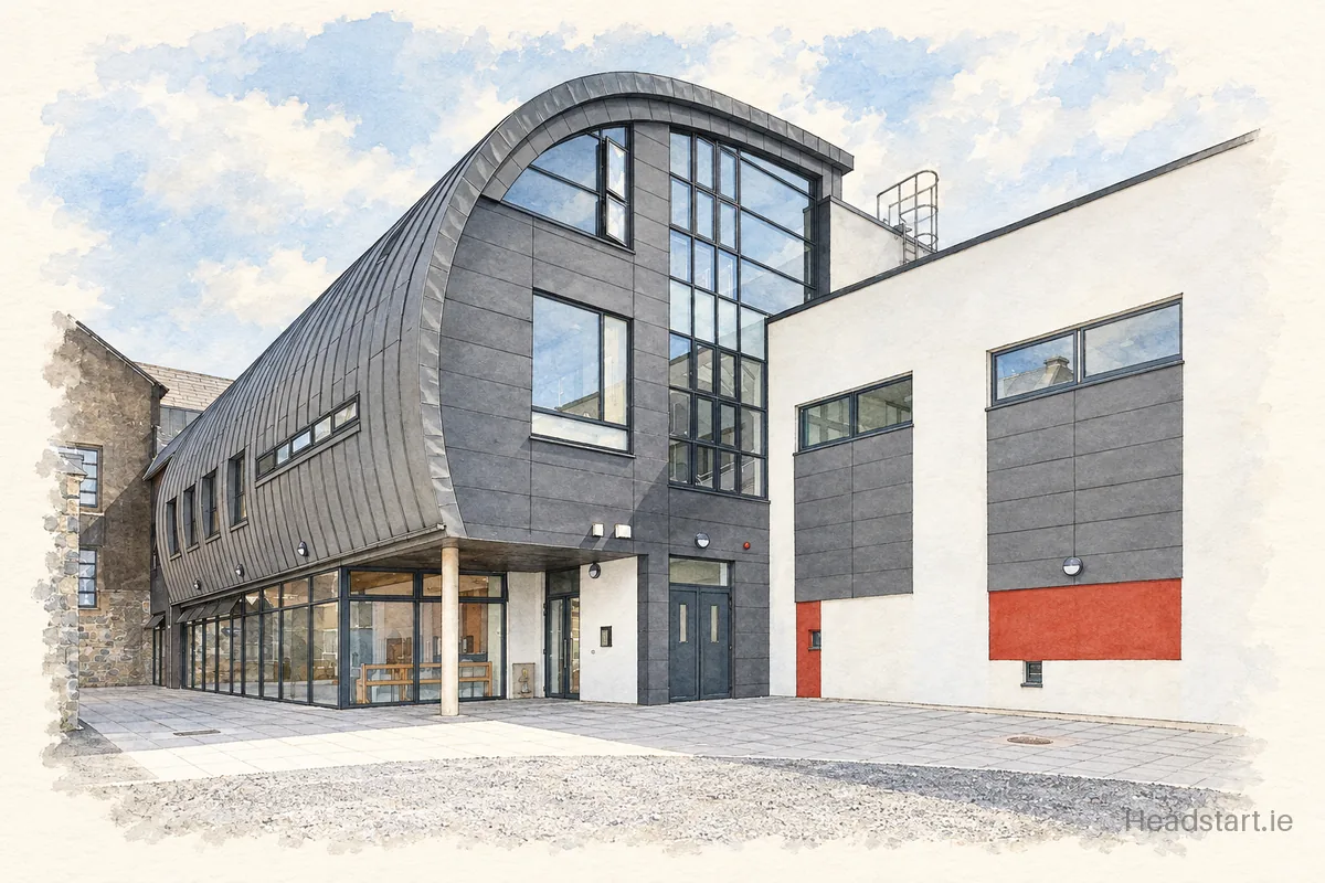 Watercolour illustration of the Coláiste Iognáid S.J. building, Galway