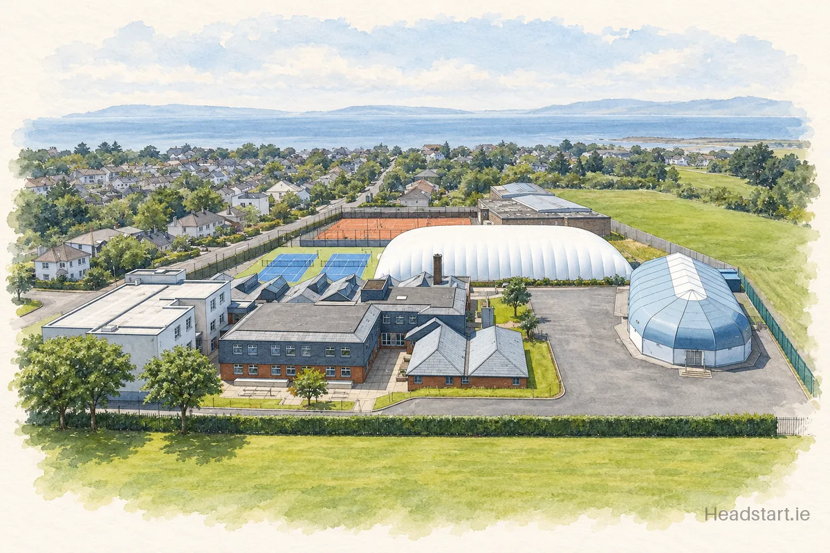 Watercolour illustration of the Salerno Secondary School building, Salthill