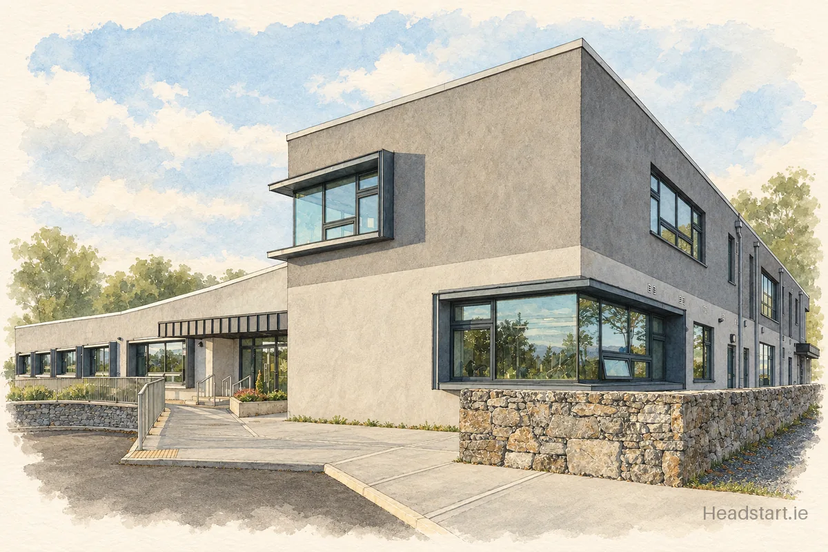 Watercolour illustration of the Seamount College building, Kinvara
