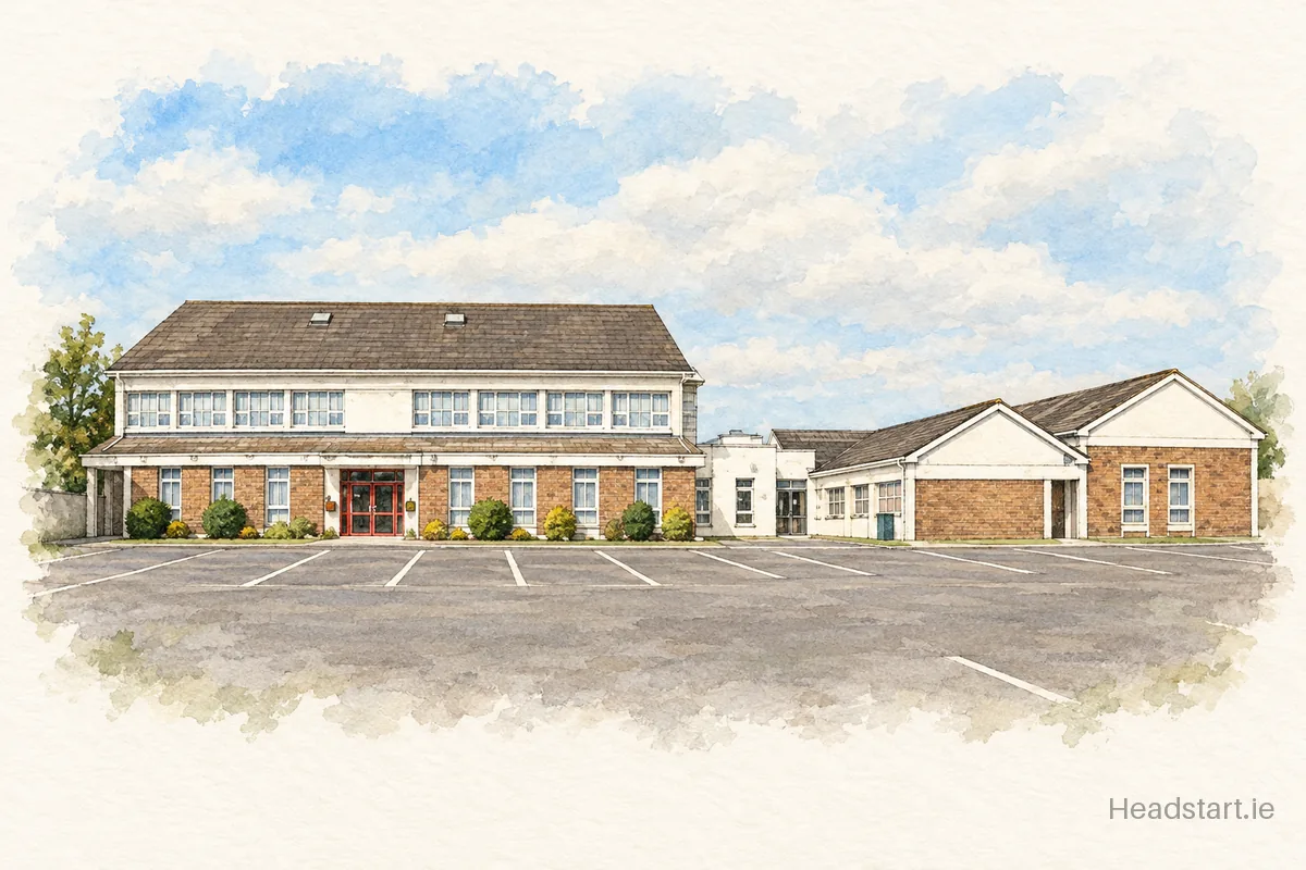 Watercolour illustration of the Holy Rosary College building, Mountbellew