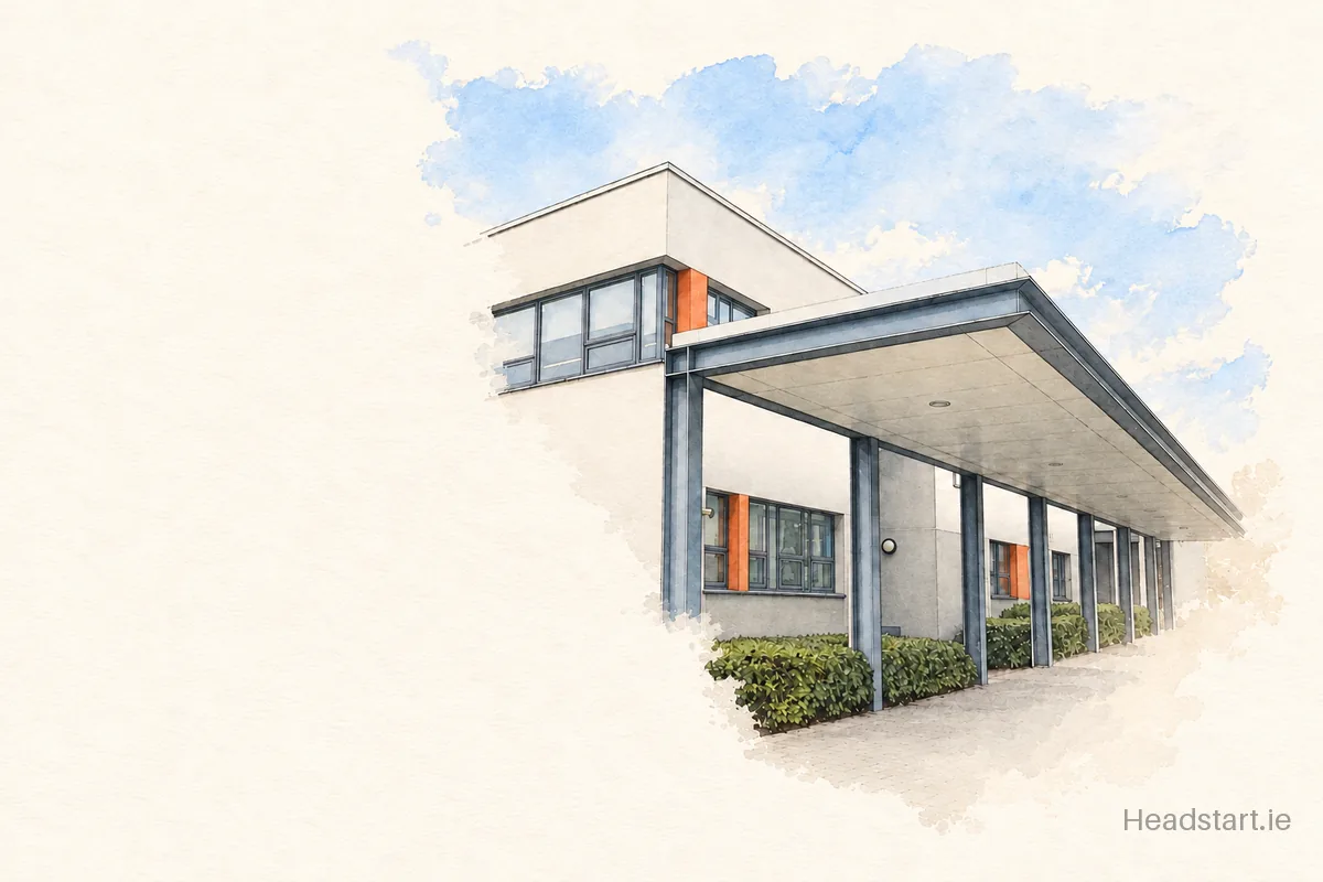Watercolour illustration of the Scoil Chriost Ri building, Portlaoise