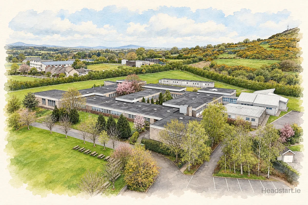 Watercolour illustration of the Coláiste Bríde building, Enniscorthy