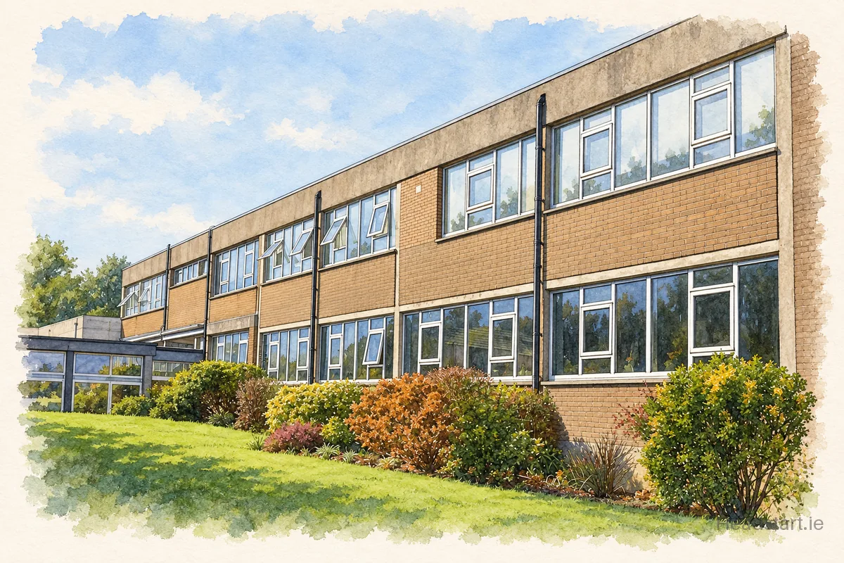 Watercolour illustration of the Our Lady Of Lourdes Secondary School building, New Ross
