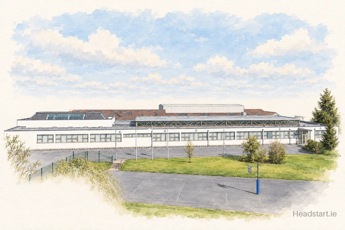 Watercolour illustration of the Mercy Secondary School building, Longford