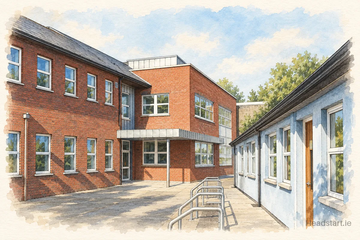 Watercolour illustration of the Colaiste Rís building, Dundalk