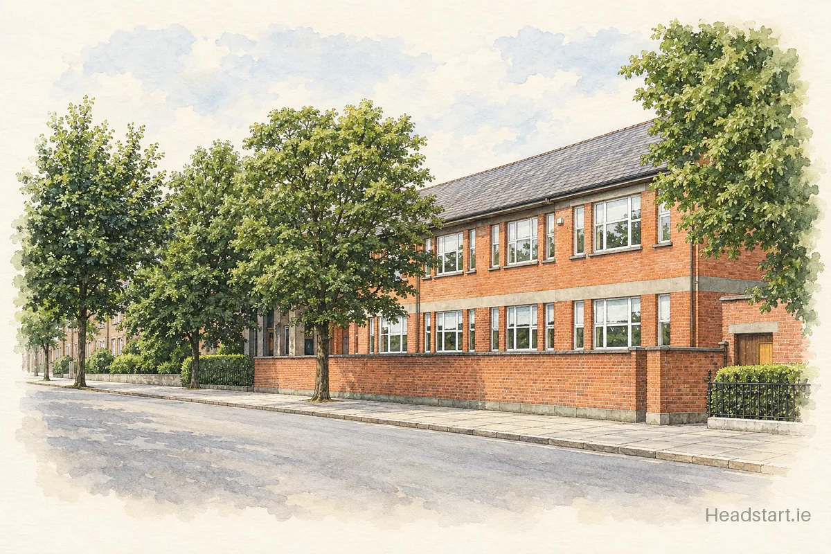 Watercolour illustration of the St Vincent's Secondary School building, Dundalk