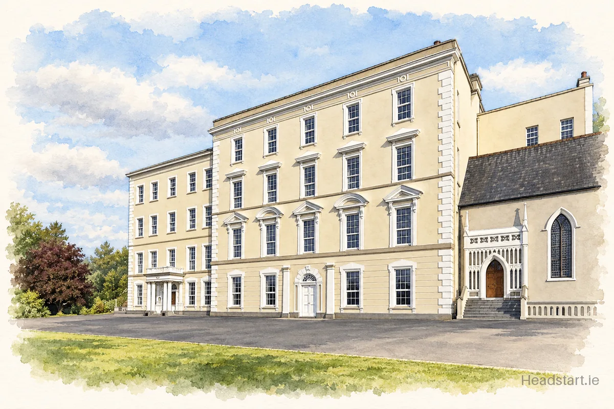 Watercolour illustration of the Laurel Hill Secondary School Fcj building, Limerick