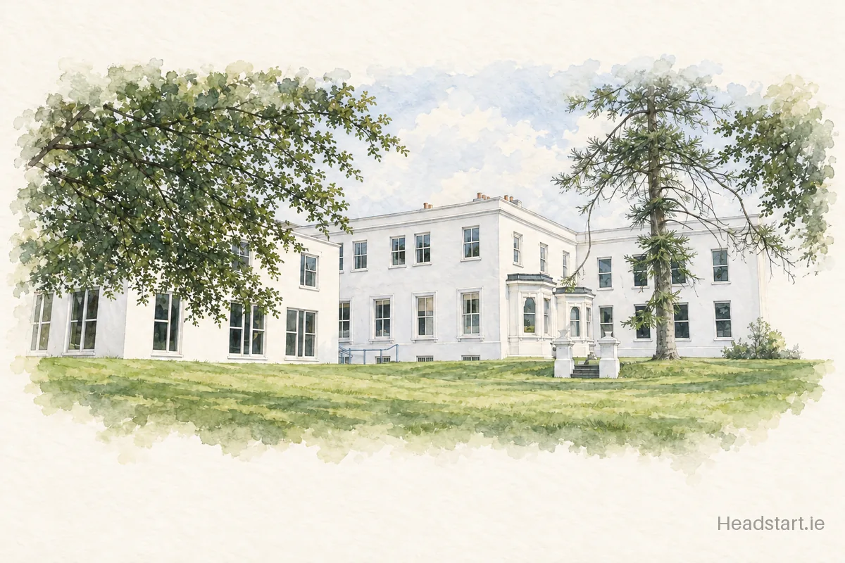 Watercolour illustration of the Villiers Secondary School building, Limerick