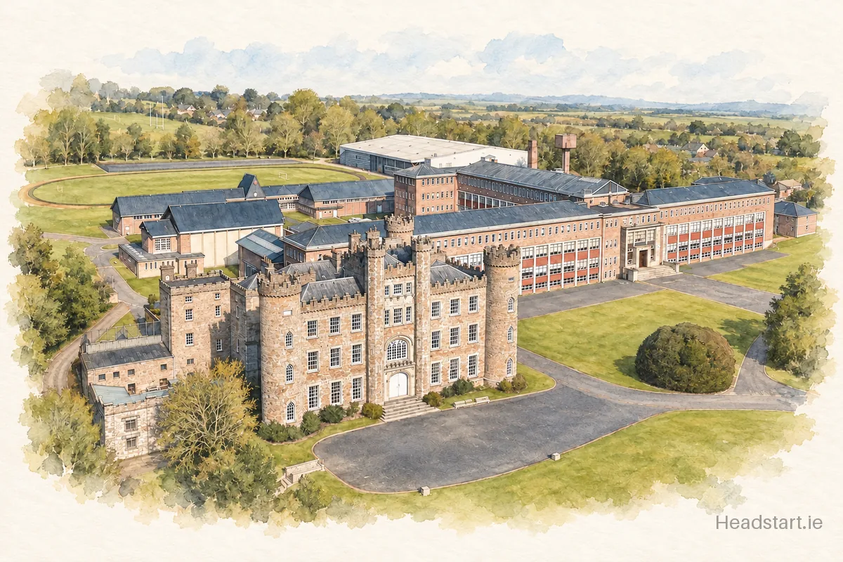 Watercolour illustration of the Gormanstown College building, Gormanston