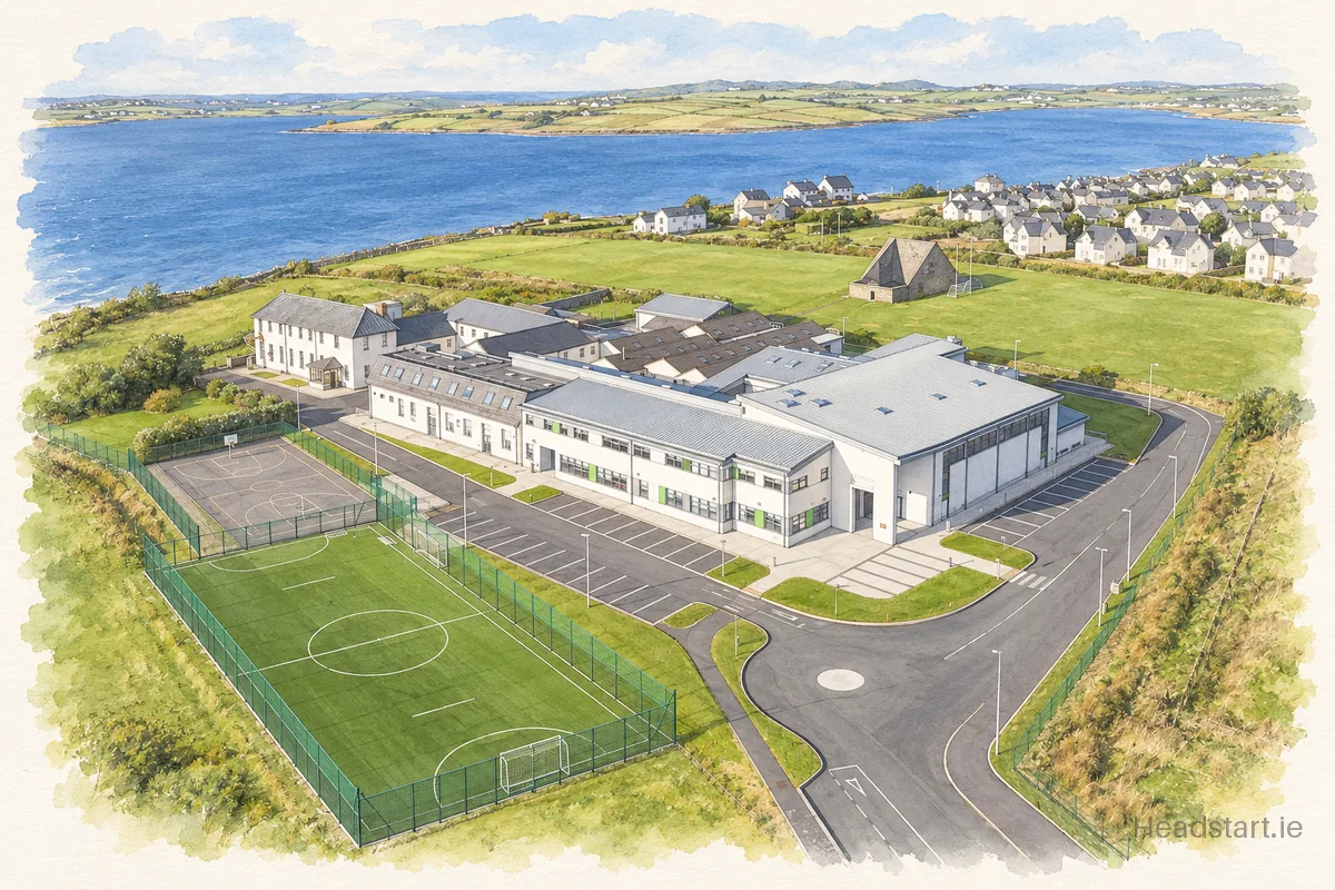 Watercolour illustration of the Our Lady's Secondary School Belmullet building, Ballina