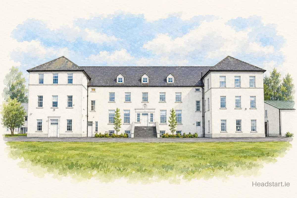 Watercolour illustration of the Jesus & Mary Secondary School building, Ballina