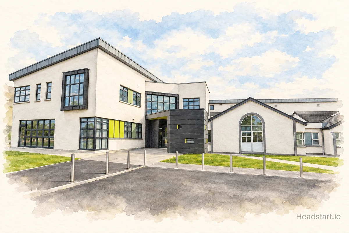 Watercolour illustration of the Sancta Maria College building, Louisburgh