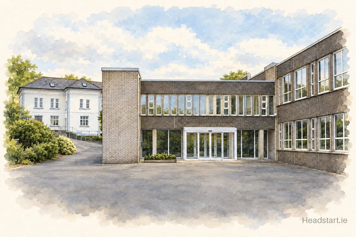 Watercolour illustration of the Scoil Muire Agus Padraig building, Swinford