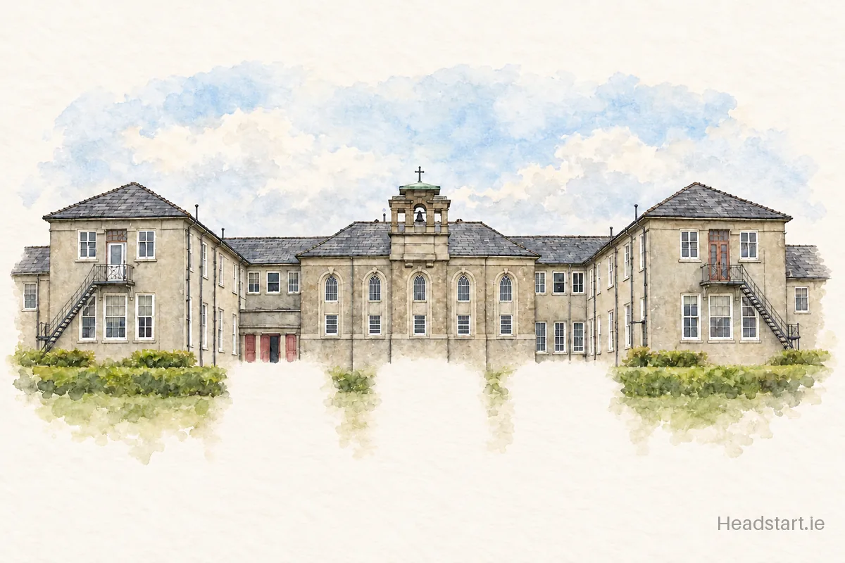 Watercolour illustration of the Coláiste Mhuire building, Claremorris