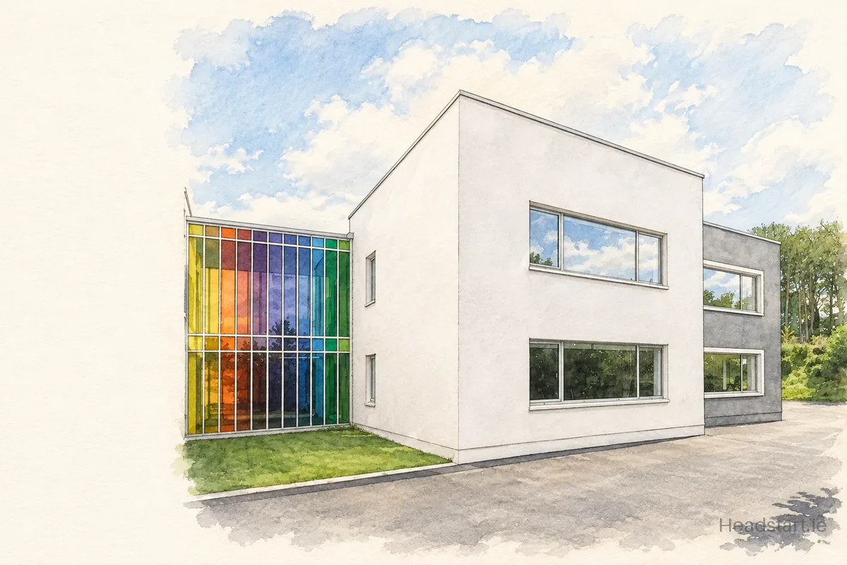 Watercolour illustration of the Rice College building, Westport