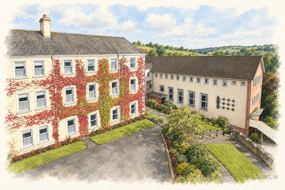 Watercolour illustration of the St. Louis Secondary School building, Carrickmacross