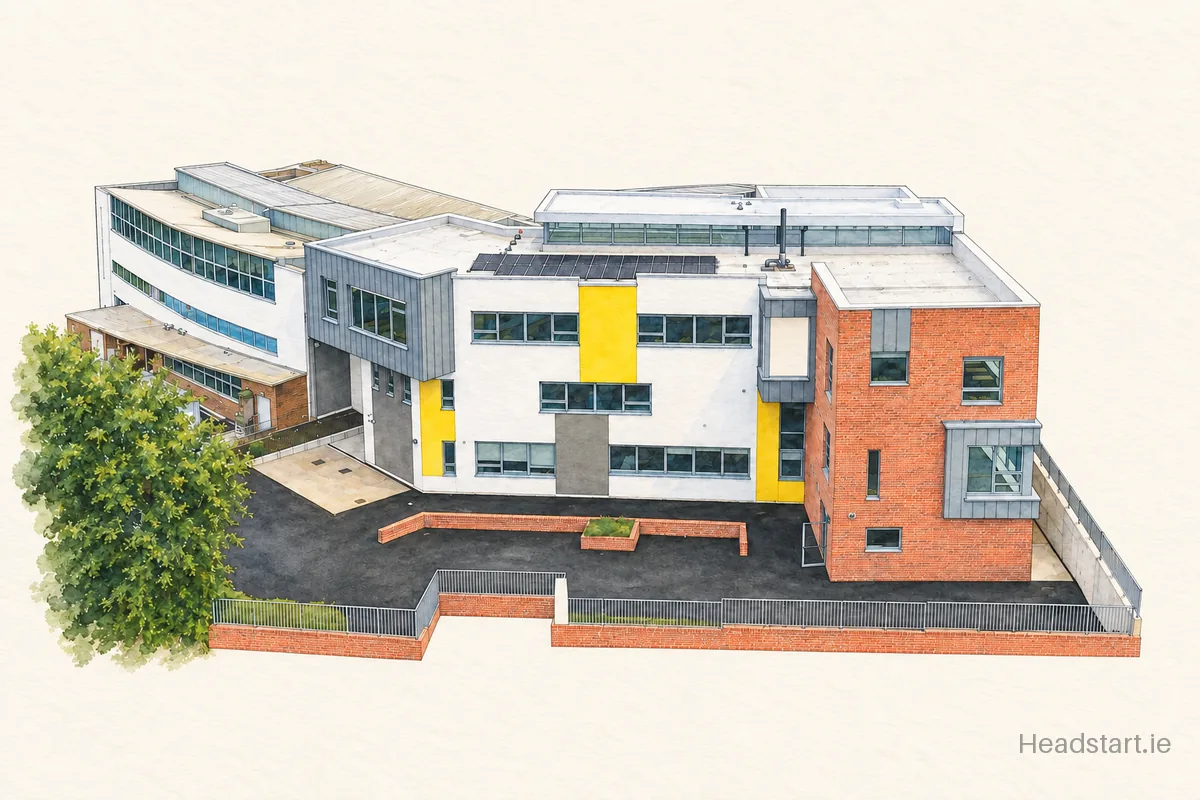Watercolour illustration of the Our Lady's Secondary School building, Castleblayney